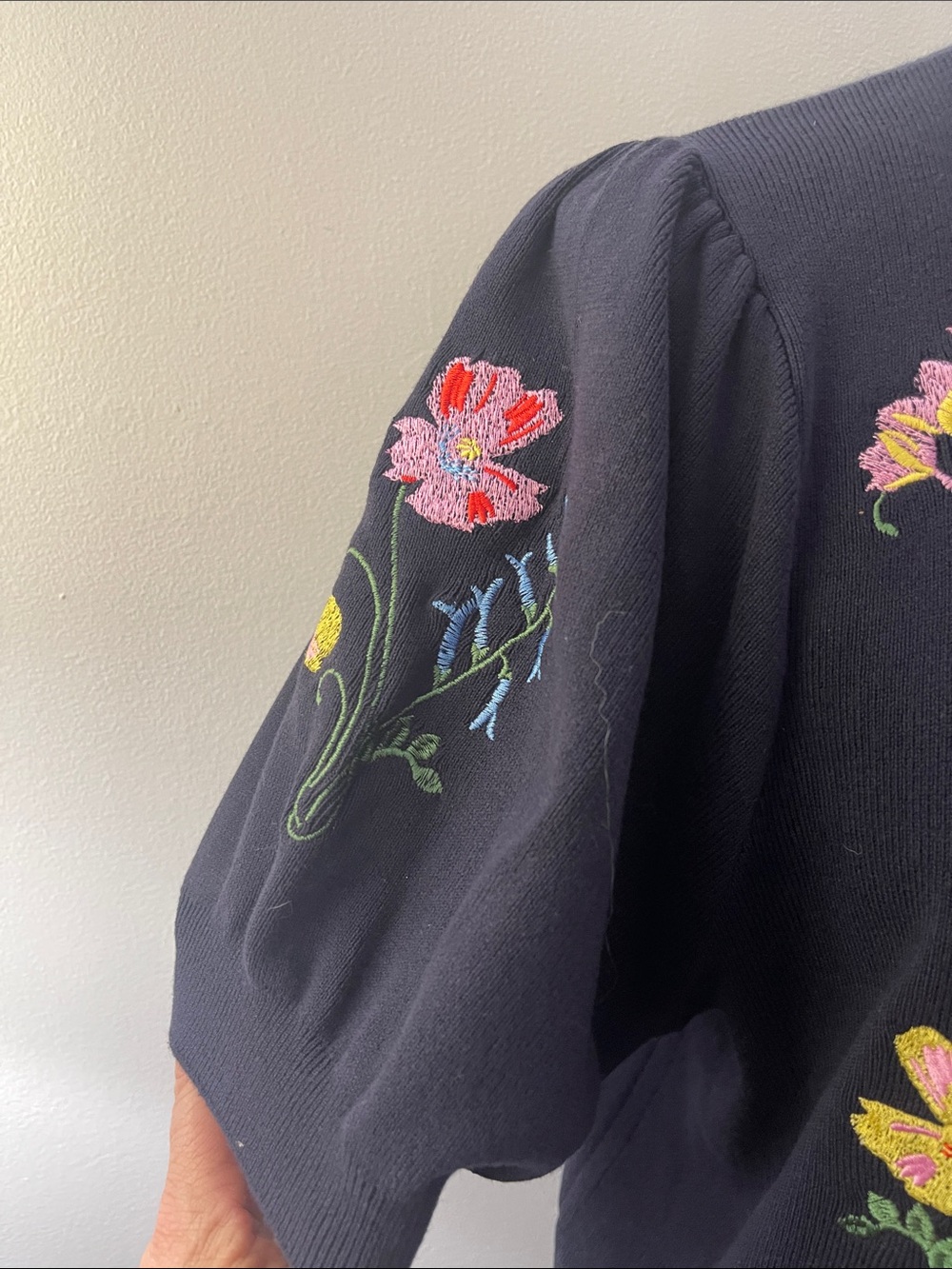 Navy Blue Floral Embroidered Button Cardigan - Picture 2 of 9